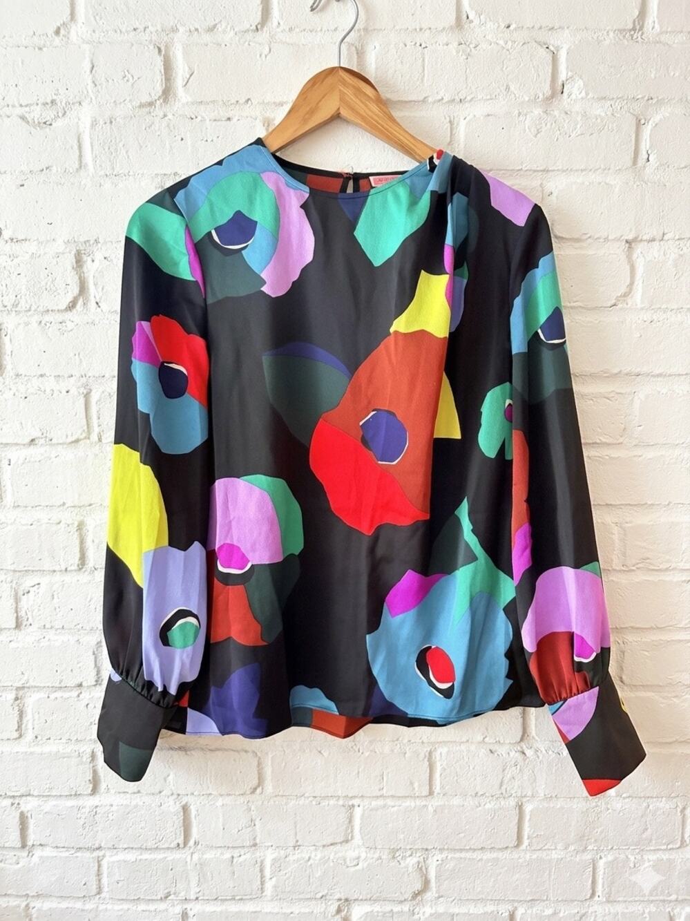 Kate Spade Bold Abstract Floral Long Sleeve Puff Sleeve Blouse Black Multicolor